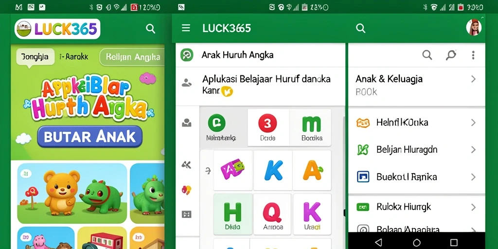 Tampilan antarmuka LUCK365 yang ceria dan interaktif untuk belajar huruf dan angka.